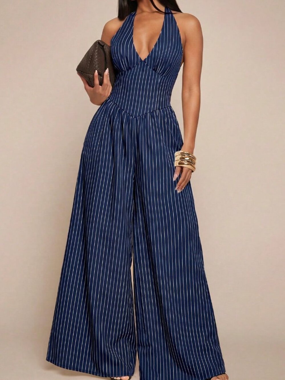 Navy Blue Sexy Women's Plus Size Striped Halter Neck Jumpsuit